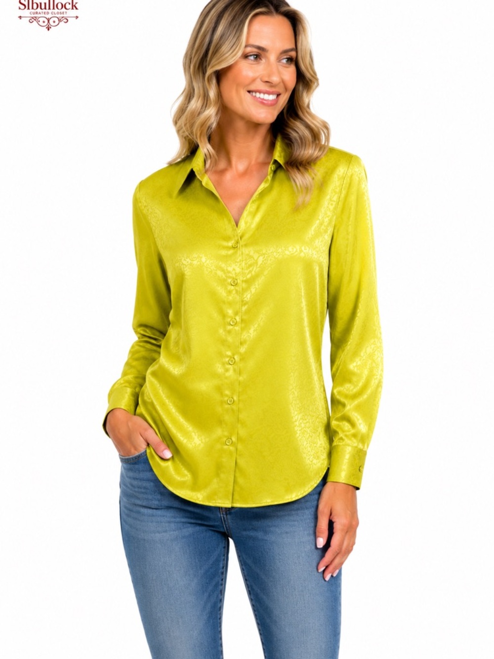 T39 Rachel Zoe Chartreuse Button-Up Blouse Size S Jacquard Pattern NWOT